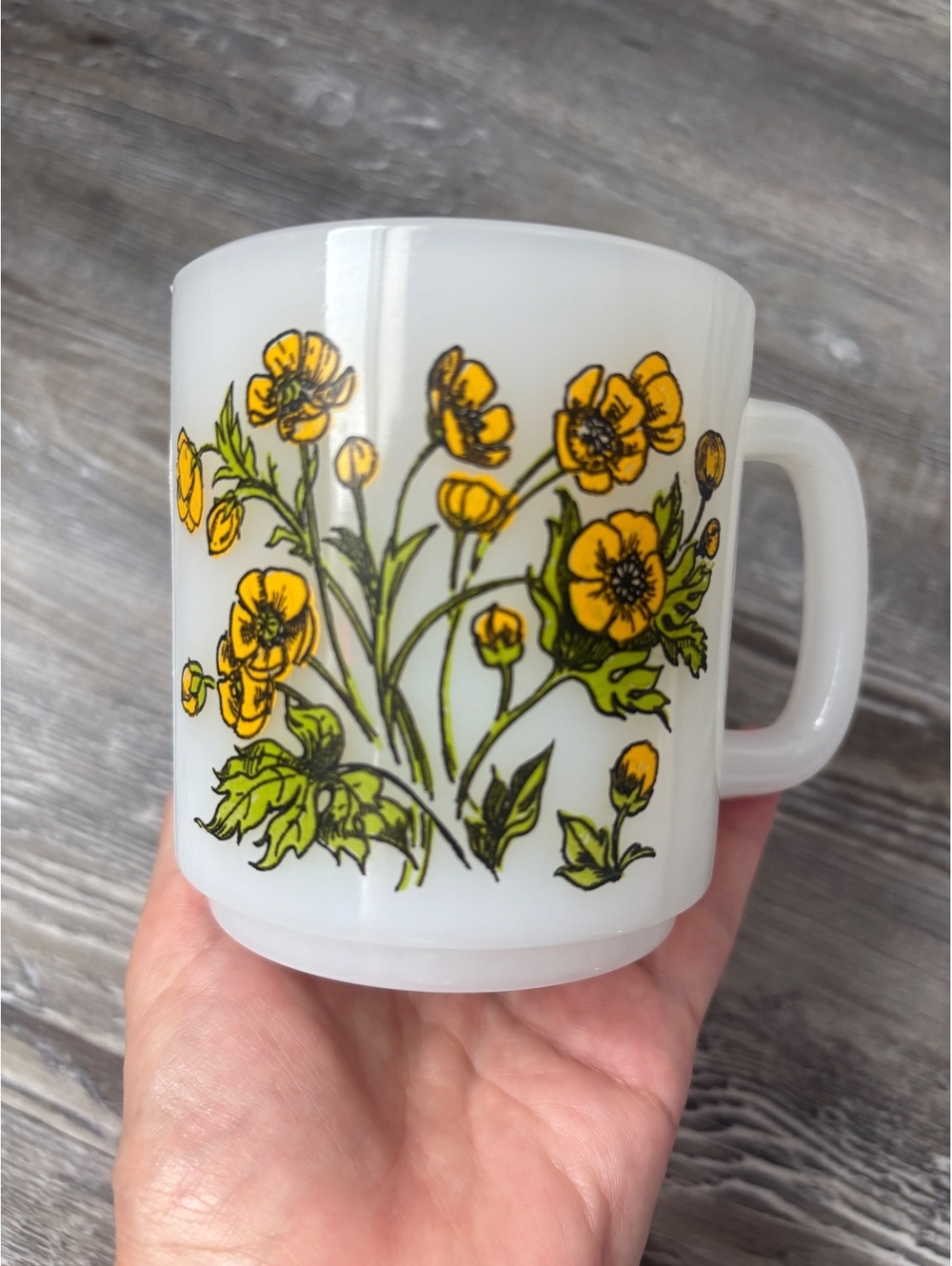 Vintage Glasbake Buttercup Mug Language of Flowers Milk Glass 1970s Floral
